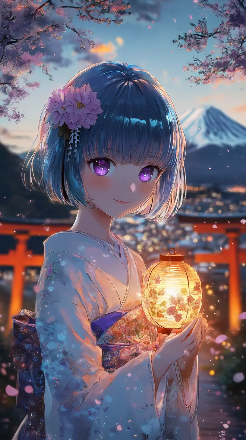 Anime-Mädchen im Kimono mit leuchtender Laterne in der Nacht