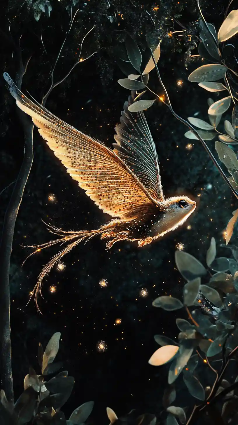 Fantasy glider creature drifting through moonlit eucalyptus forest