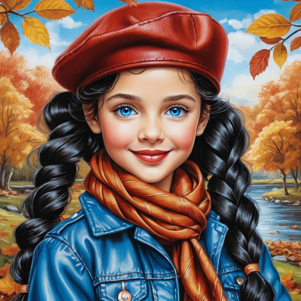 Smiling girl with blue beret in cozy autumn outdoor scene