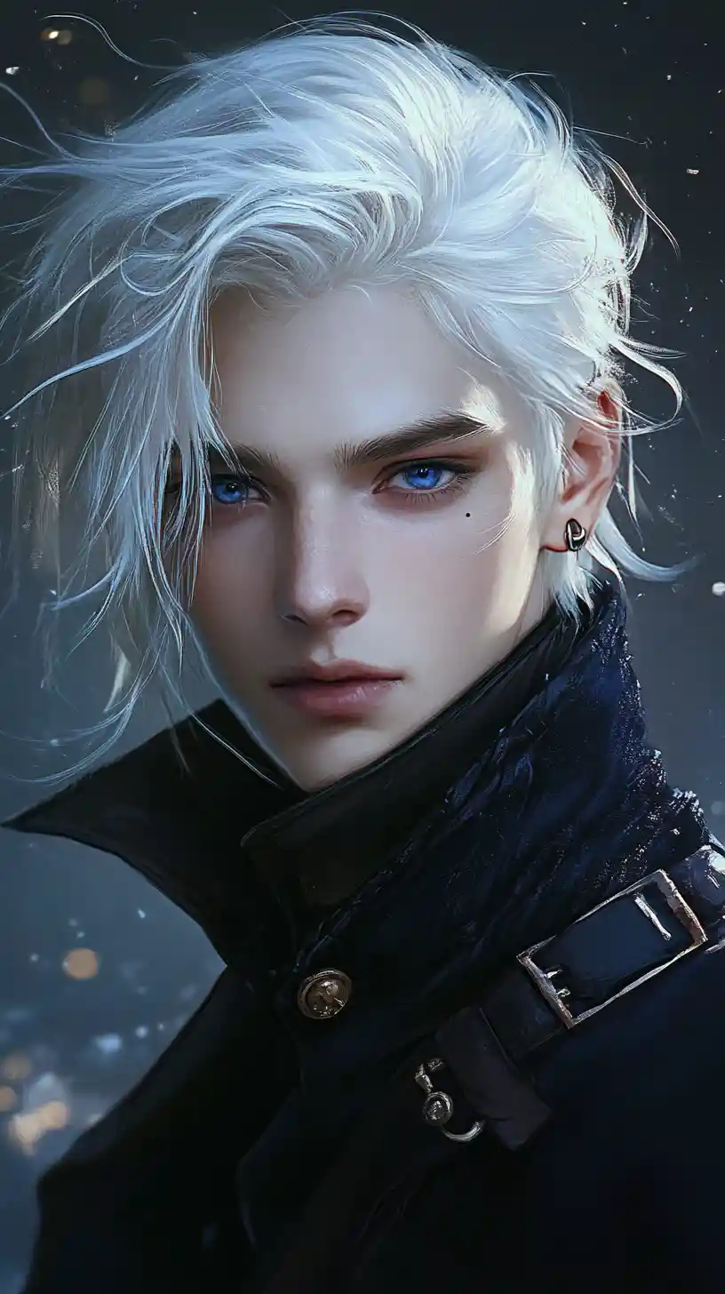 White haired anime man with intense blue eyes portrait