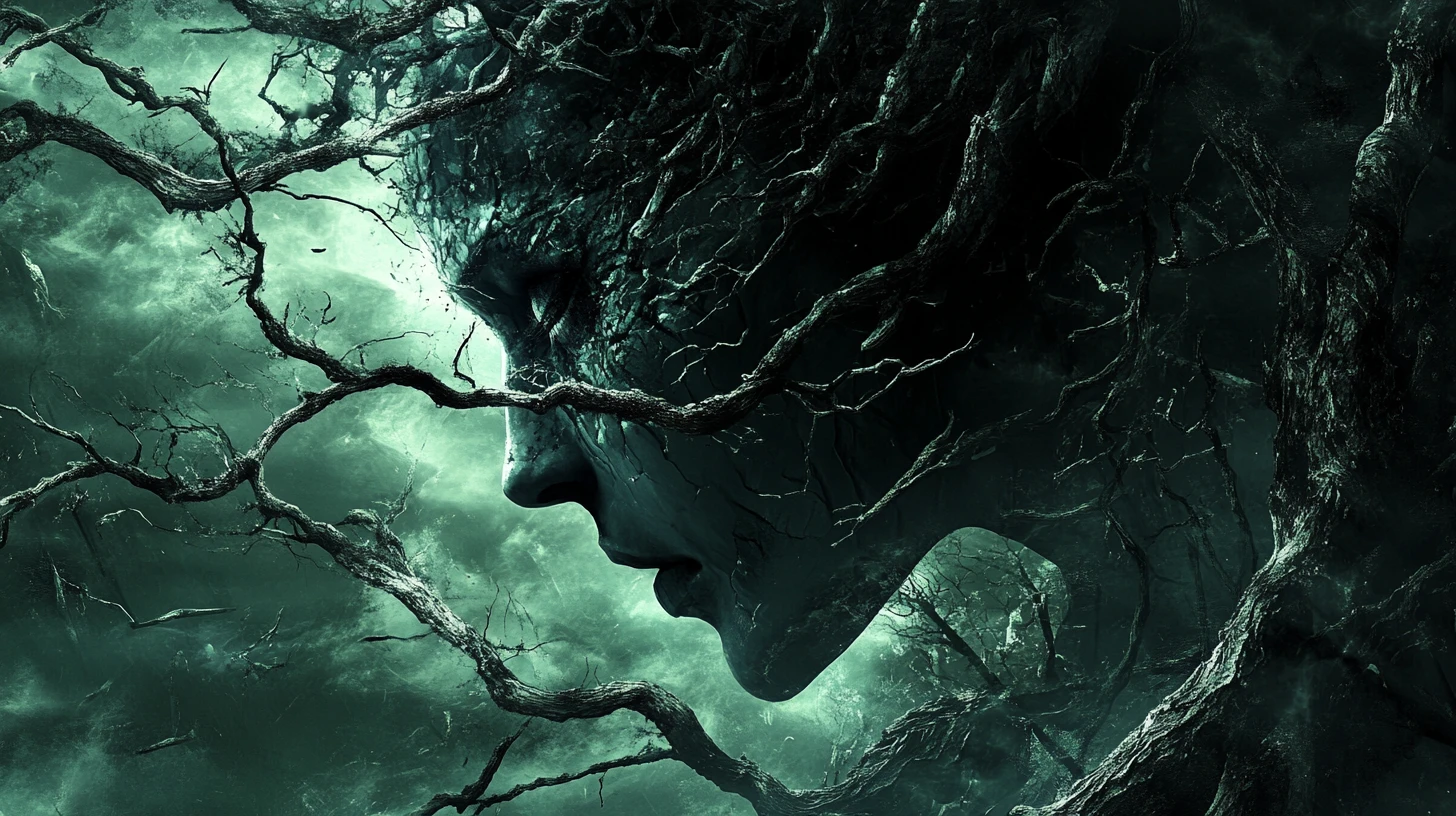 Mysterious figure behind cracked panel in night landscape