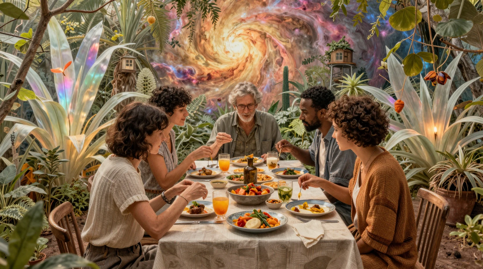 Communal garden table beneath a swirling nebula sky