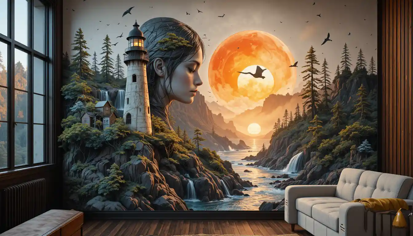 Serene woman merging with a luminous fantasy forest