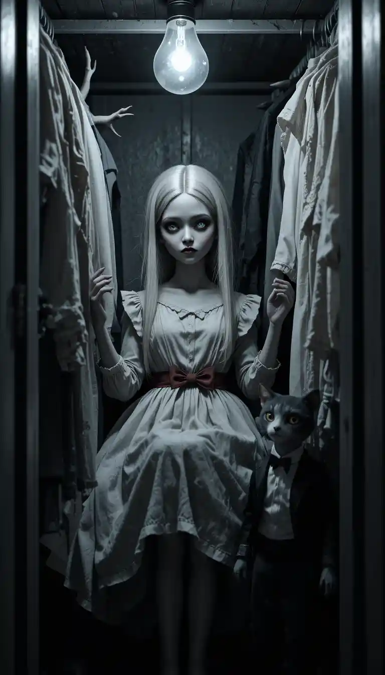 Porcelain doll hiding in a dim gray closet corner