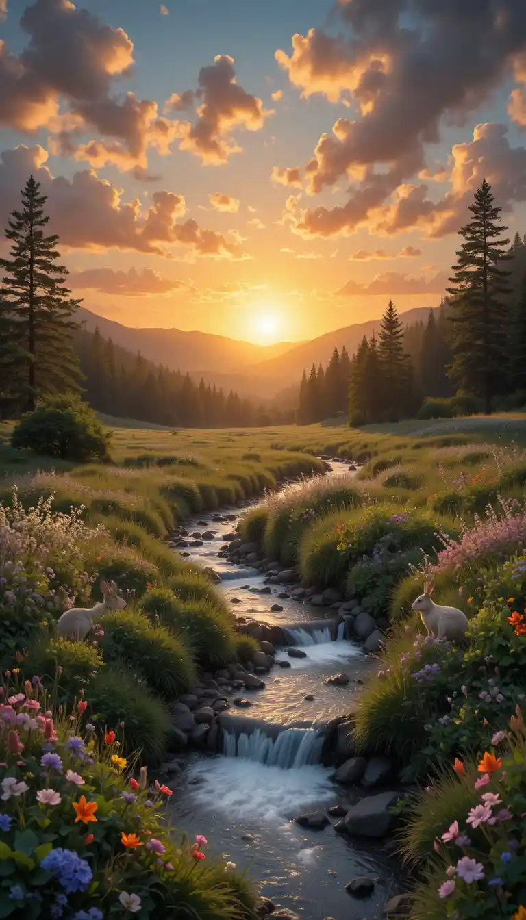 Spring river with rabbits at sunset from above