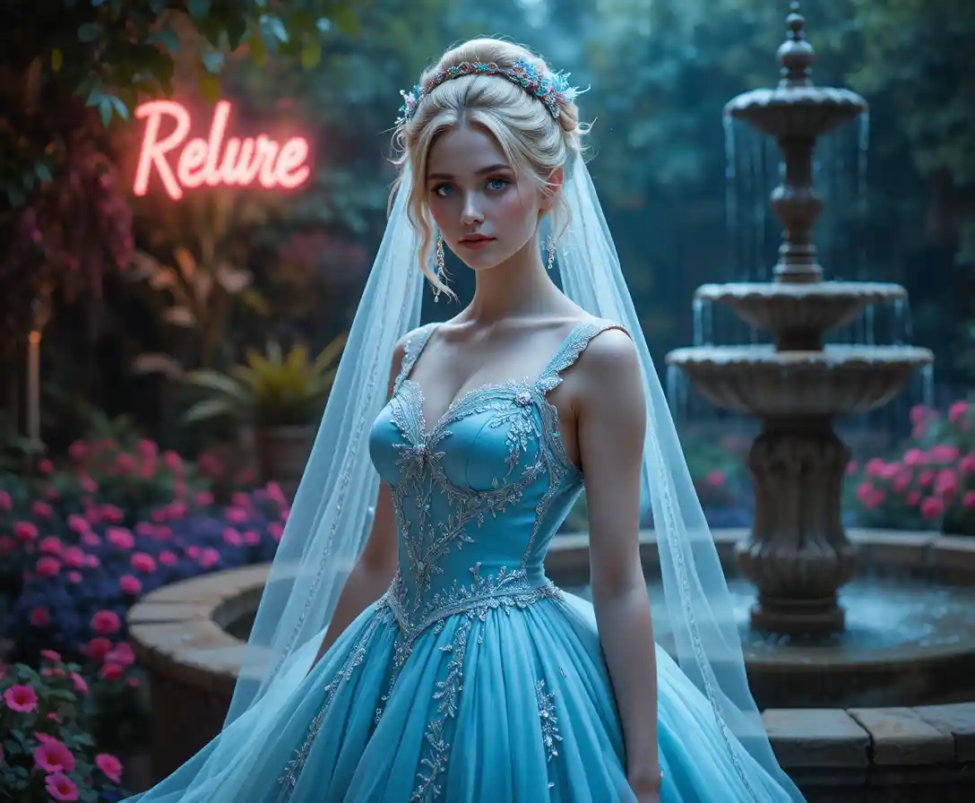 Victorian bride in pale blue gown in lush garden