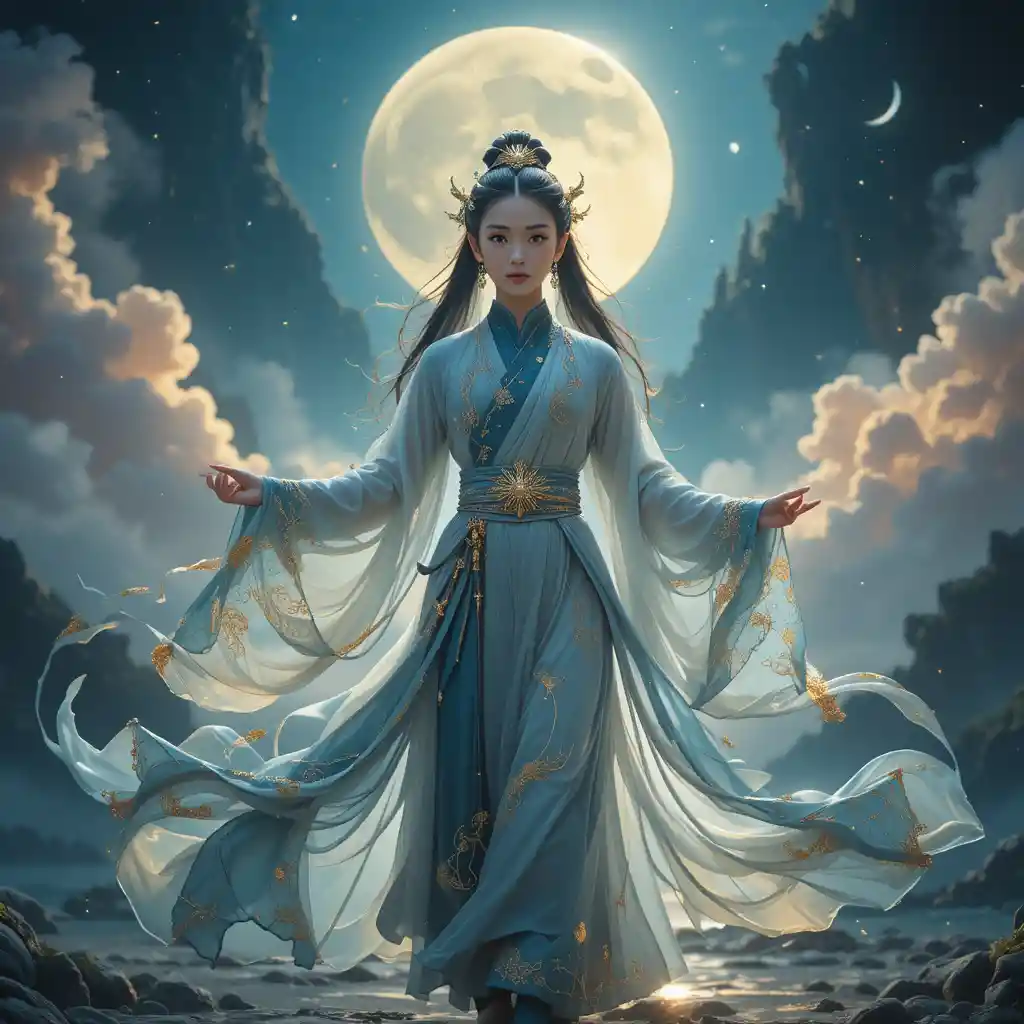 Young celestial woman in luminous imperial silk robes