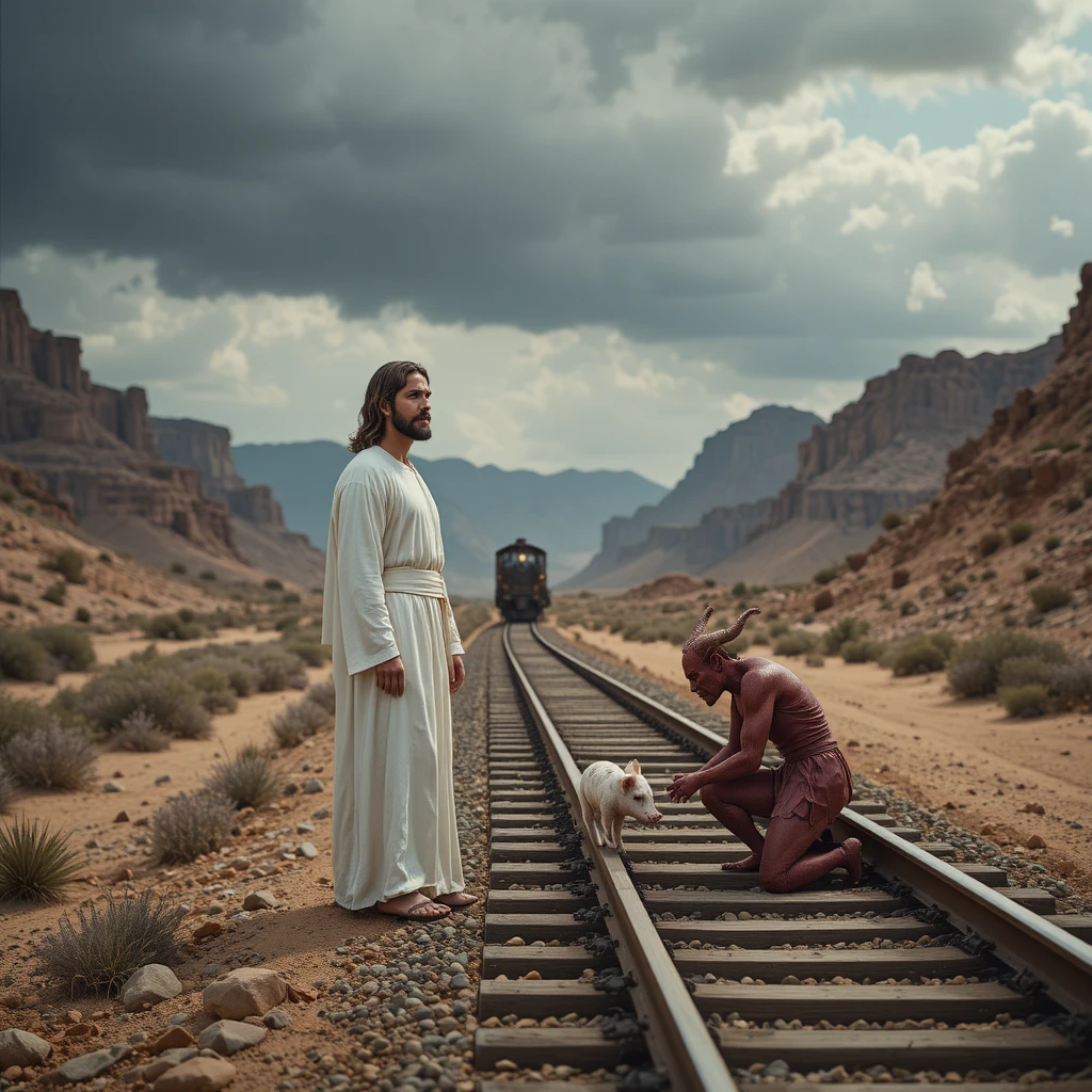 Jesus And Demon On Desert Railway Beneath Stormy Sky