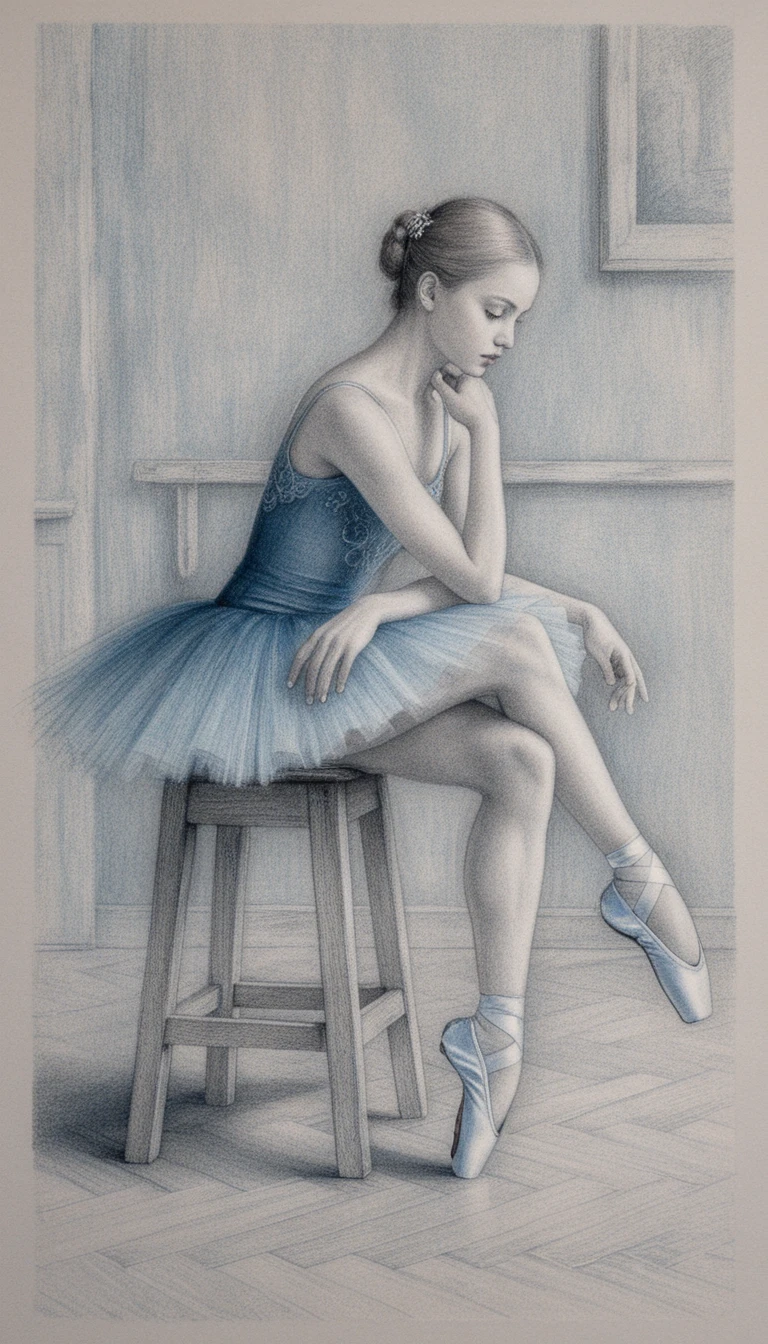 Ballerina seated in tutu on a rustic wooden stool