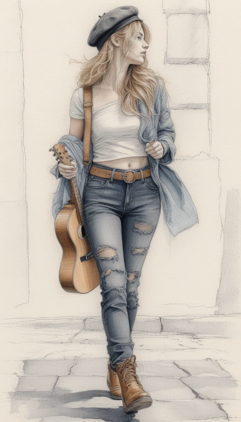 Bohemian woman walking with guitar on her back