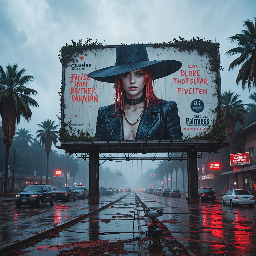 Surreal Cyberpunk Woman On Decaying Billboard By Flooded Highway
