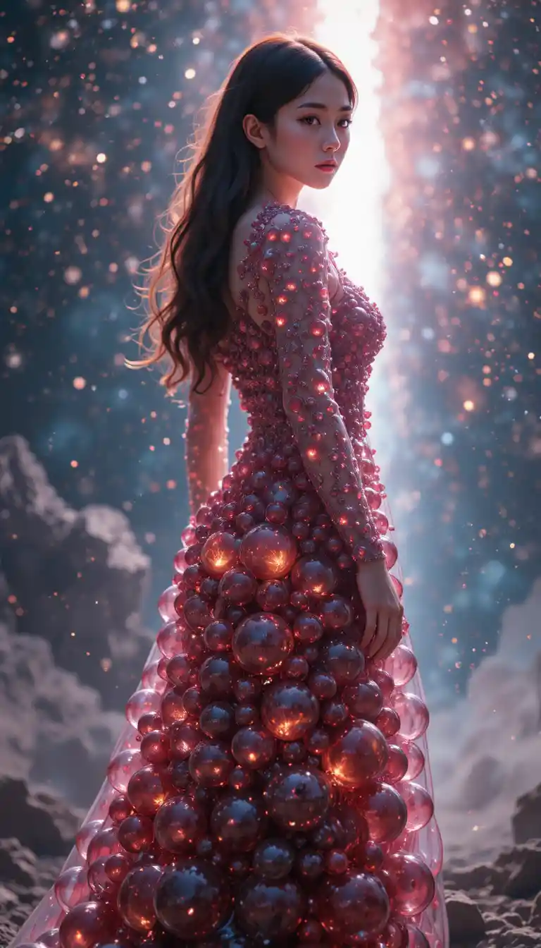 Korean woman in glass bubble gown near exploding supernova