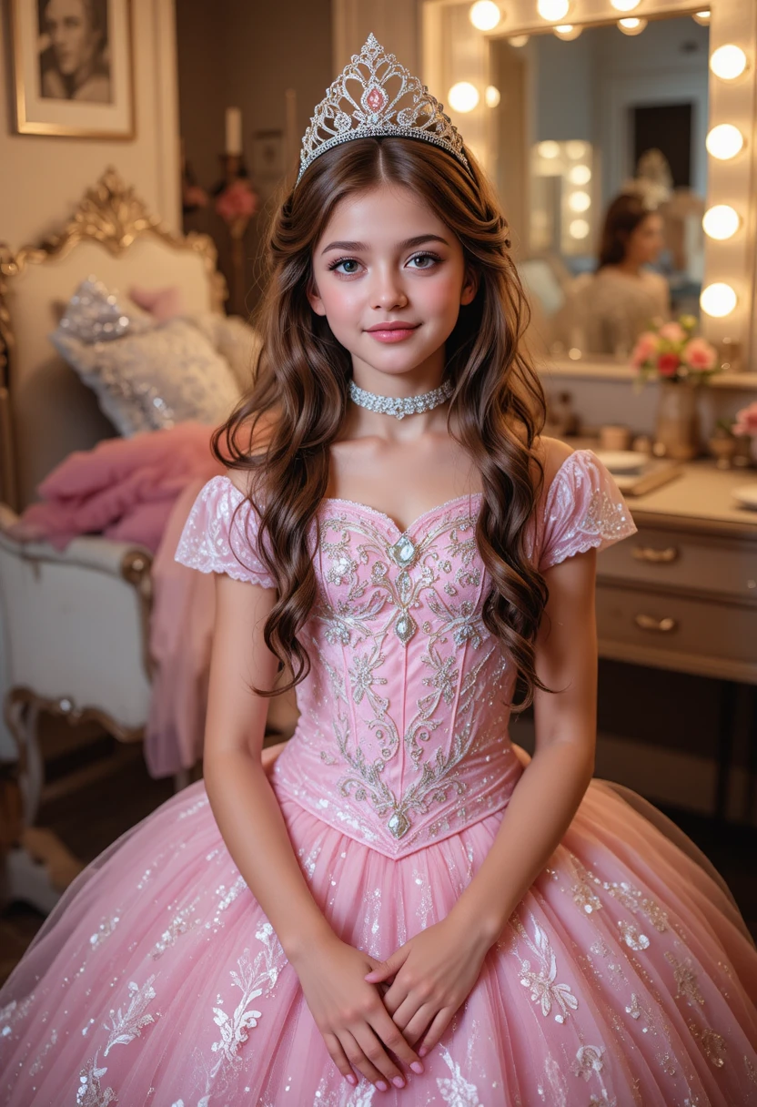Young boy in princess costume at backstage vanity mirror