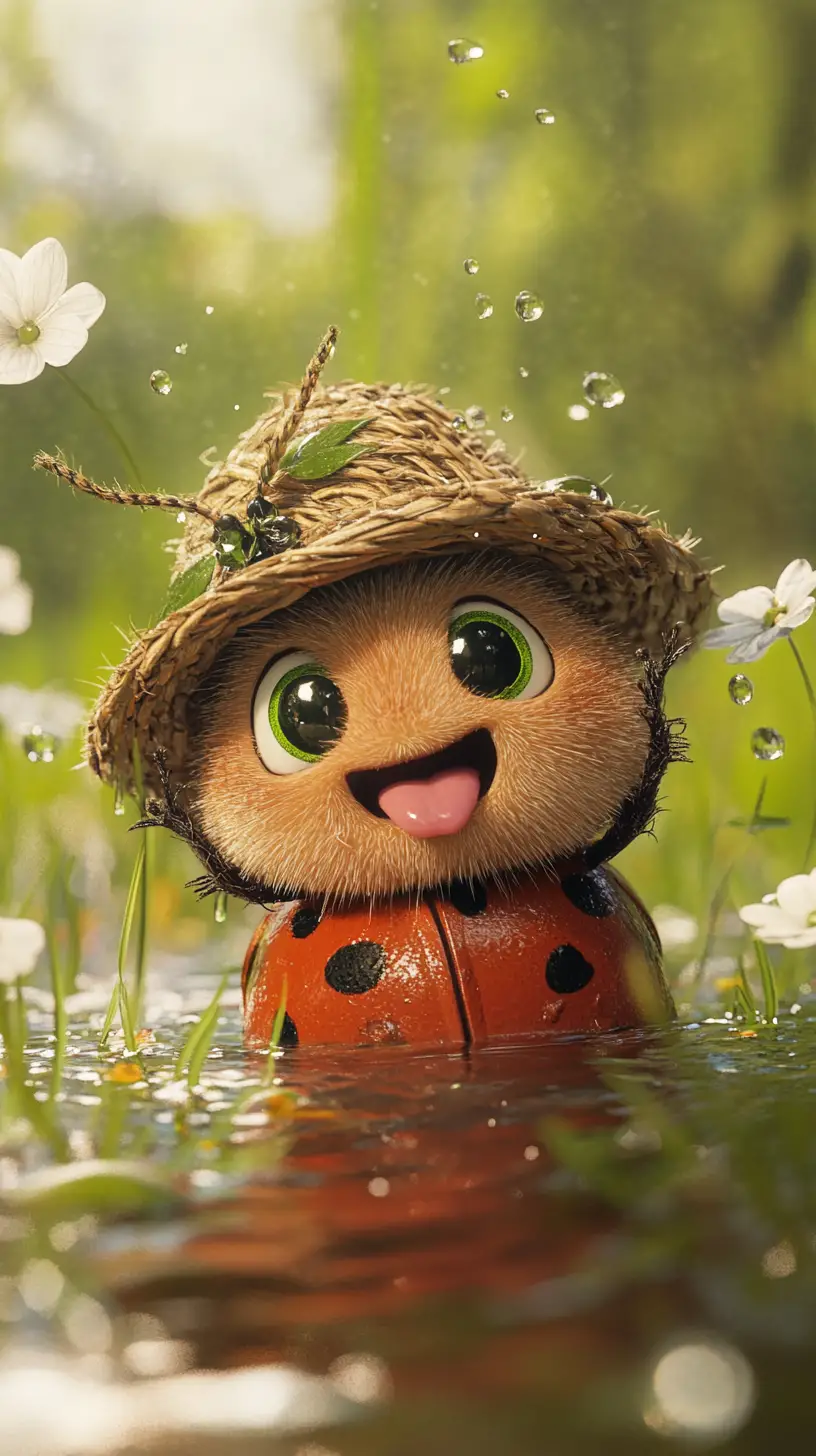 Cheerful 3D ladybug in a pond with flowers