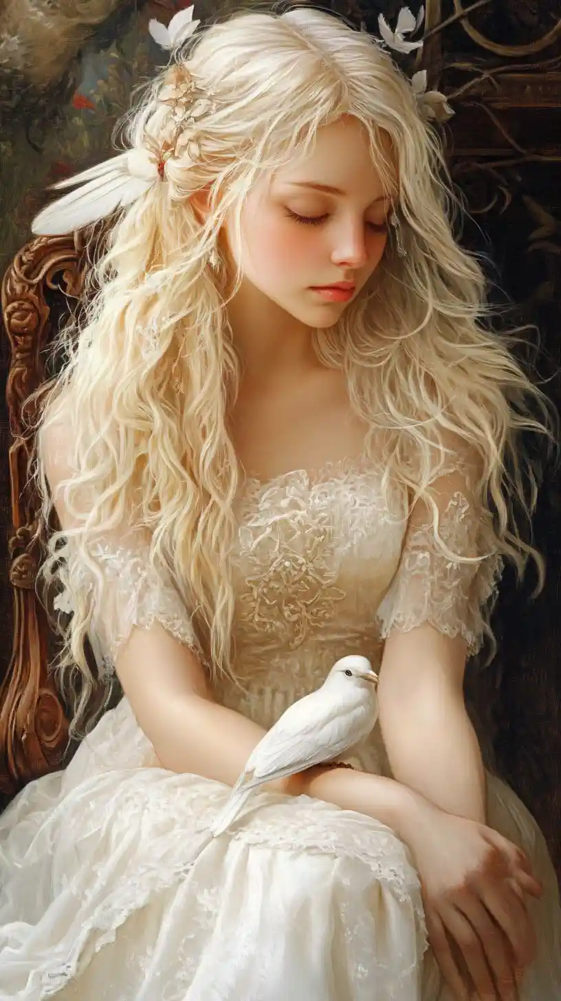 Blonde woman with a white dove against a dreamy fantasy background