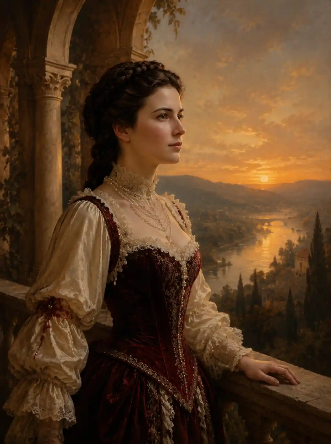 Young victorian woman on a balcony at golden sunset