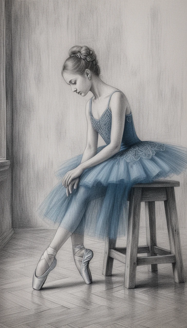 Seated ballerina in blue tutu on rustic wooden stool