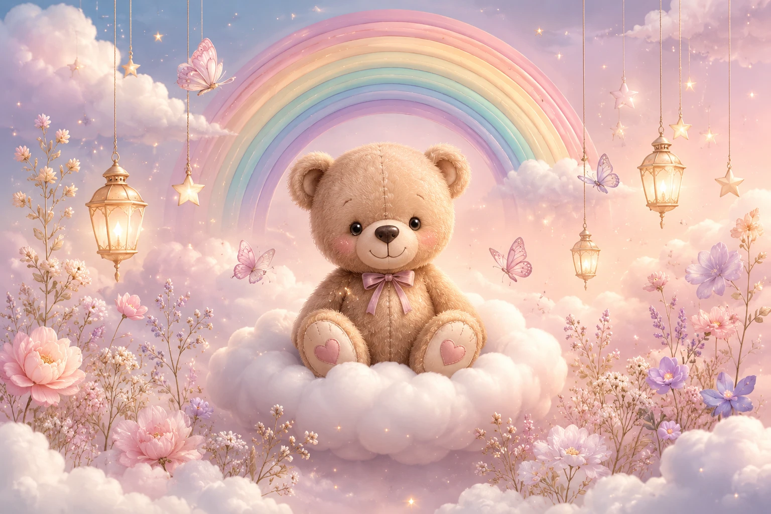 Cute teddy bear sitting on a cloud under pastel rainbow