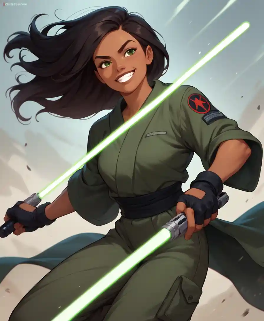 Brown skinned female jedi warrior with green lightsaber