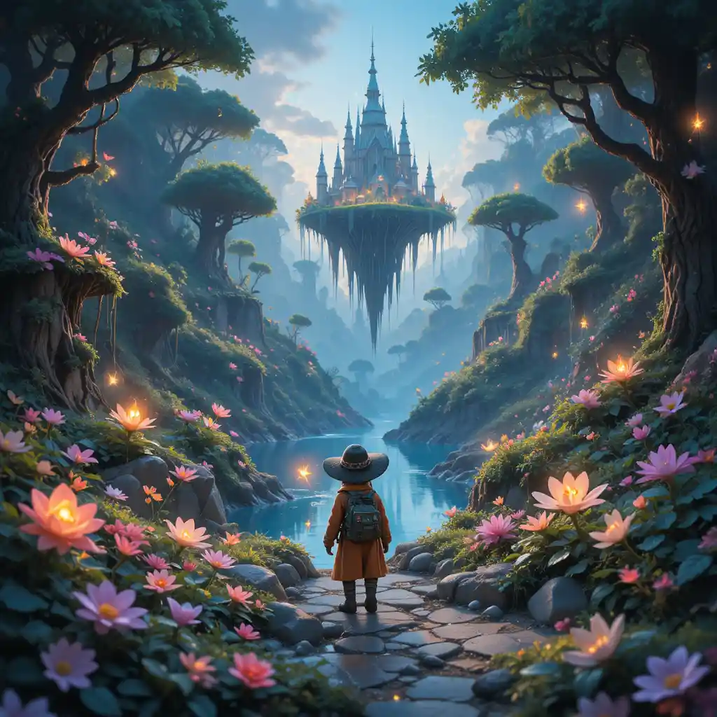 Tiny adventurer exploring a glowing enchanted forest landscape