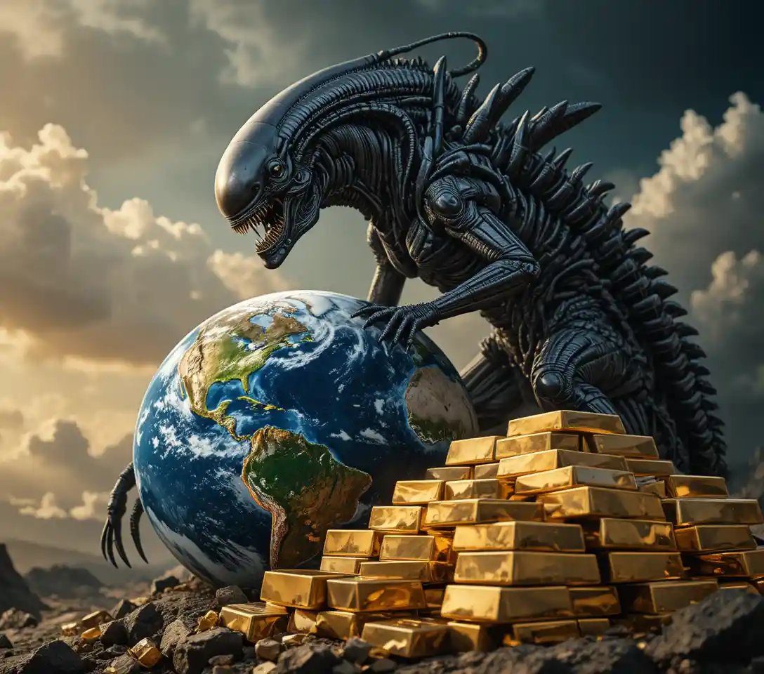 Alien creature clutching Earth in dark outer space