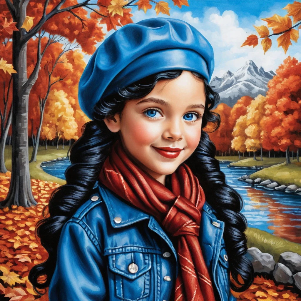 Smiling girl with blue beret in cozy autumn park scene