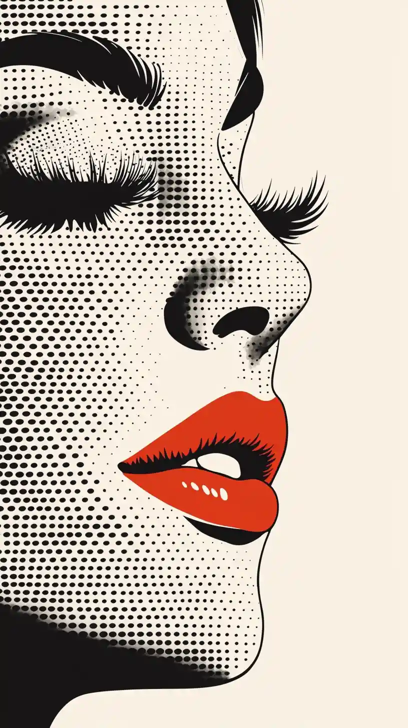 Pop art close up of halftone woman with orange red lips