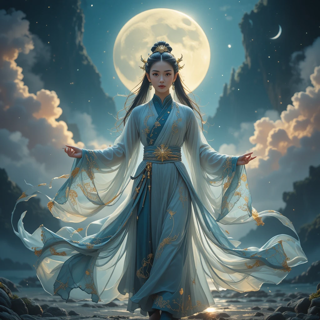 Young celestial woman in luminous imperial silk robes