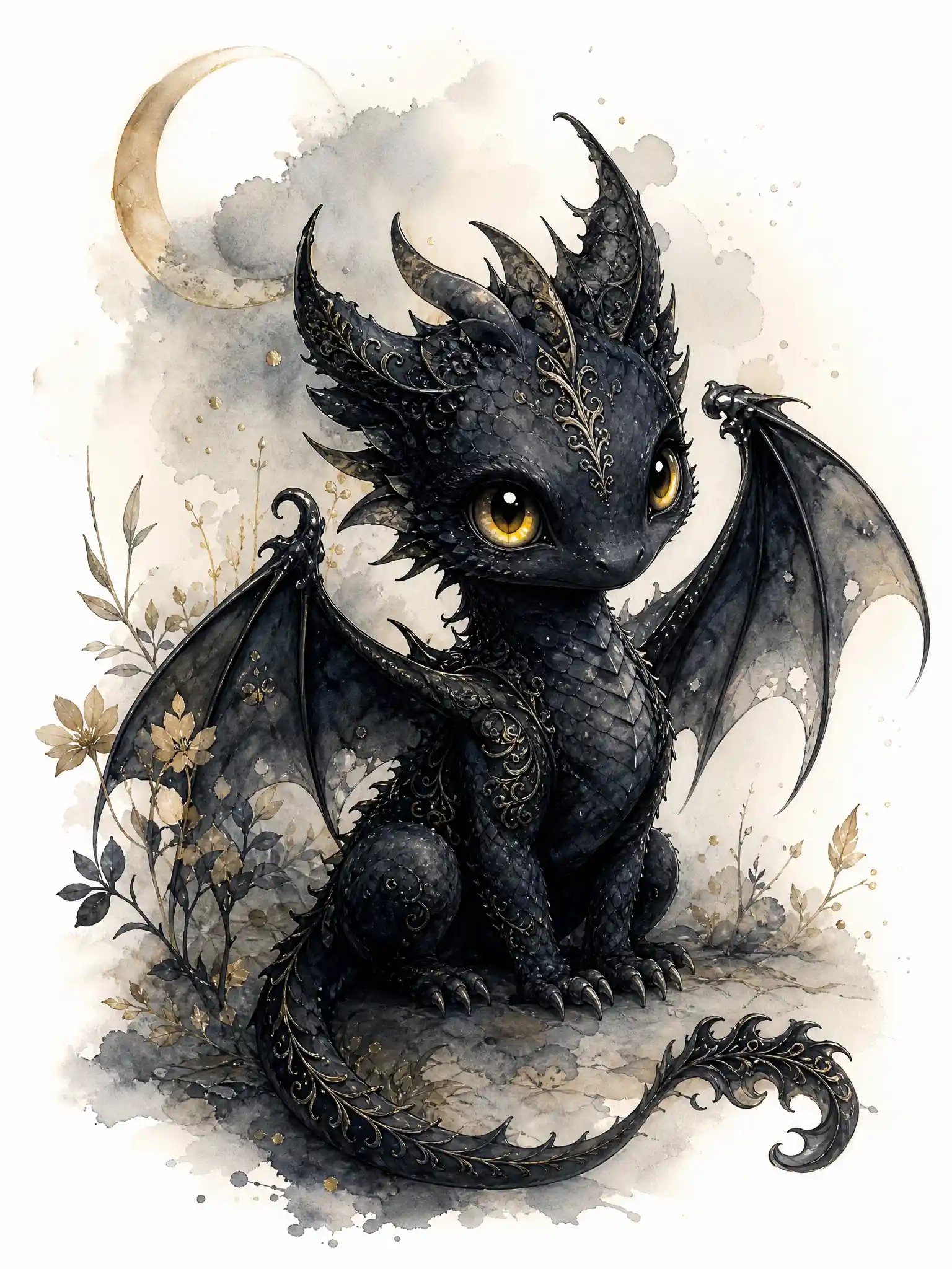 Tiny black dragon with shining yellow eyes in watercolor