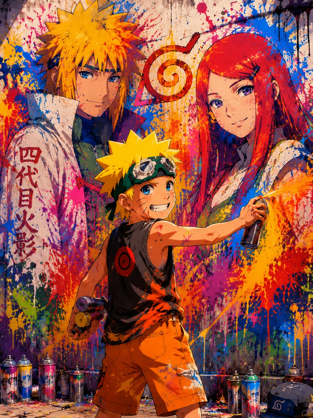 Playful anime boy spraying graffiti on village wall