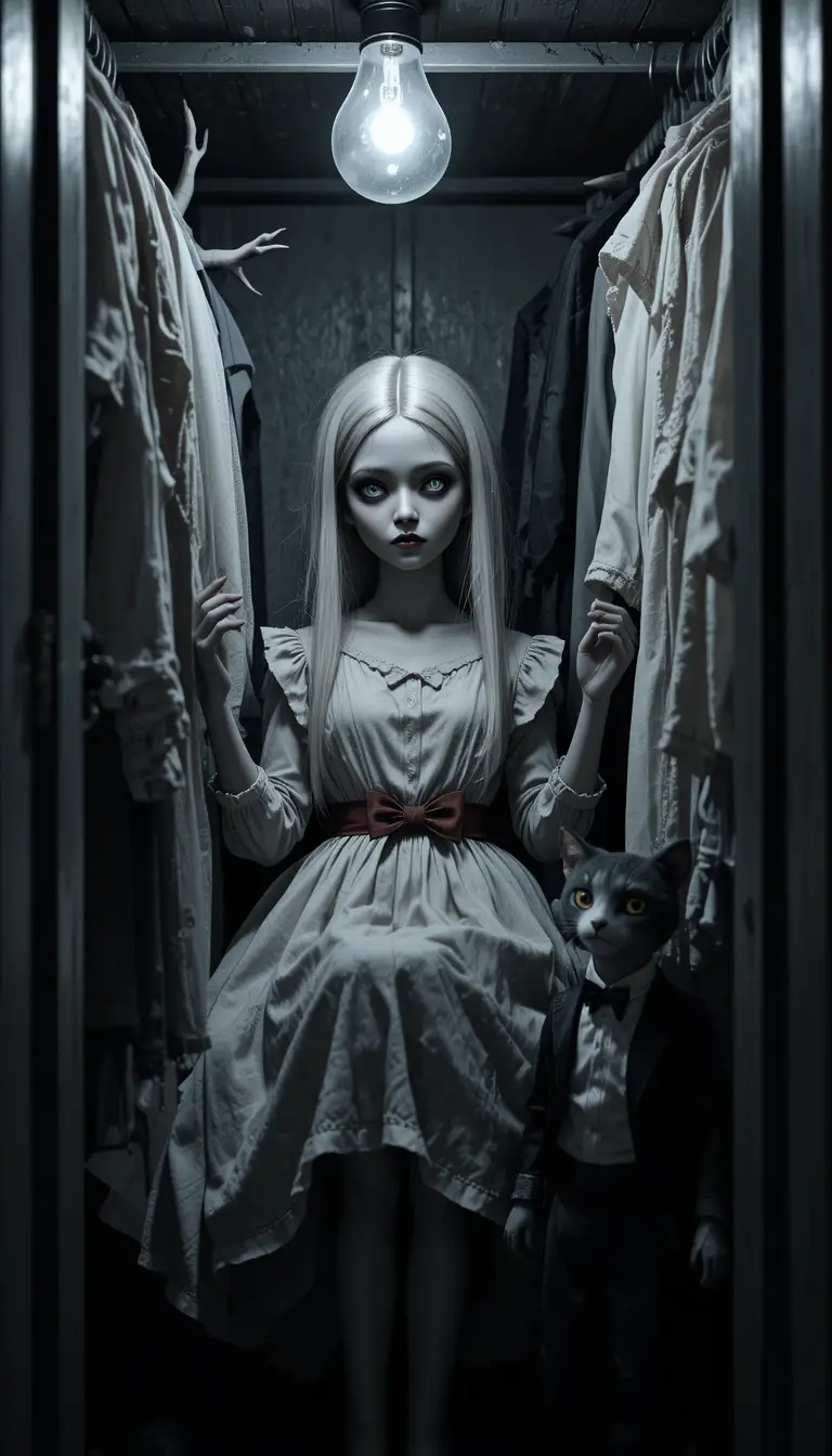 Porcelain doll hiding in a dim gray closet corner
