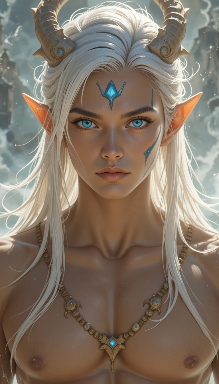 White haired fantasy man with glowing blue eyes and markings