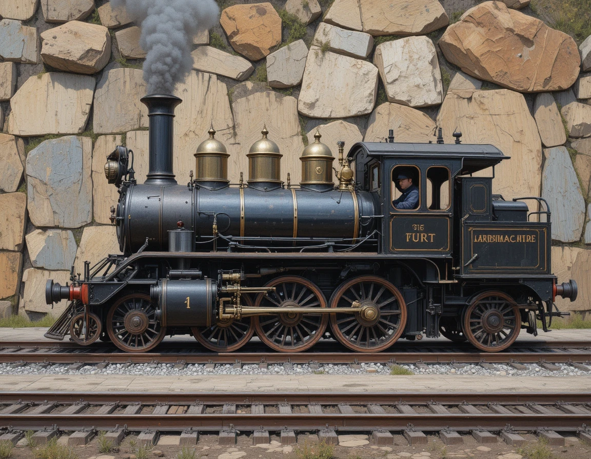 Vintage steam locomotive on tracks before a rocky wall