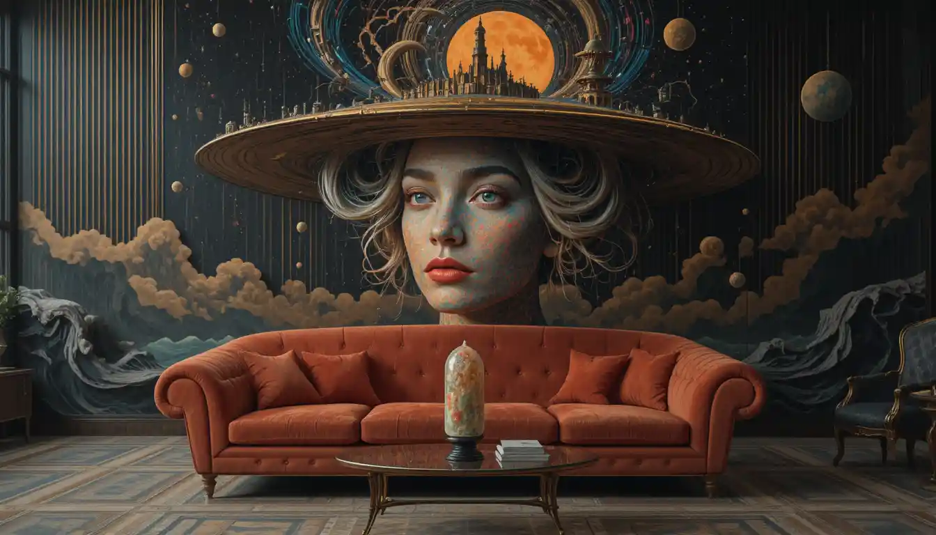 Sofá de terciopelo barroco ante una pintura cósmica surrealista