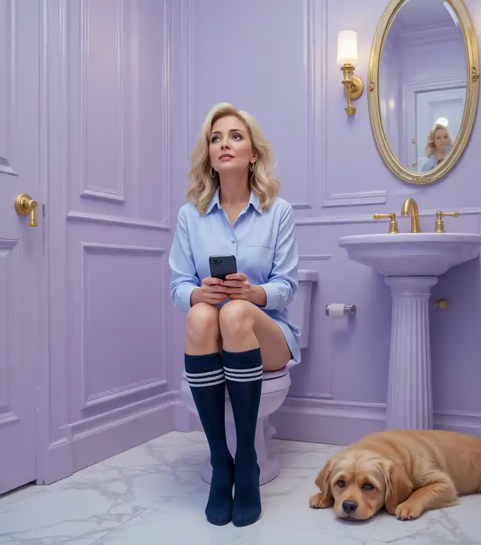 Woman on lavender toilet in bright pastel bathroom