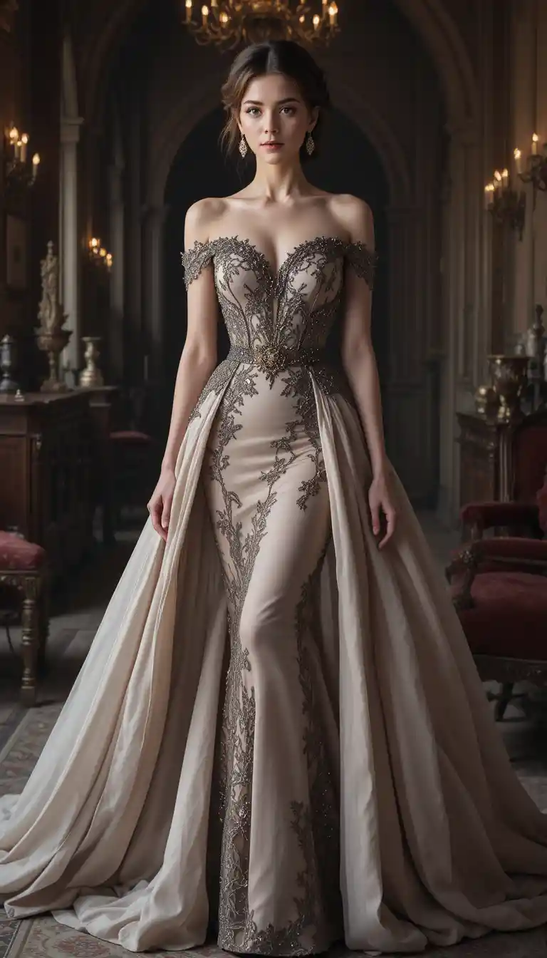Elegant young woman in embroidered evening gown indoors
