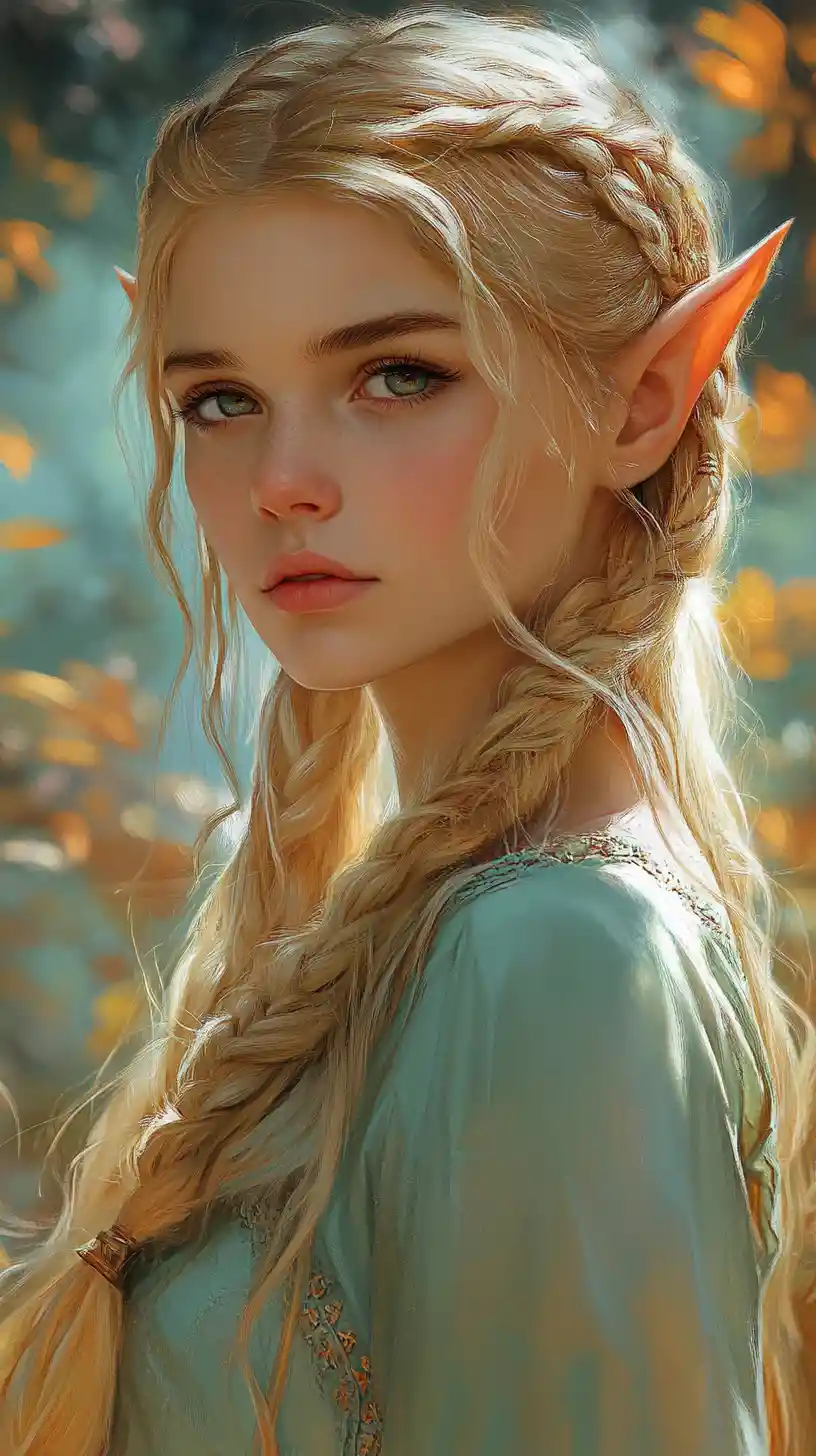 Young elf girl portrait in warm golden fantasy light