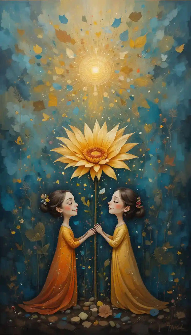 Joyful acrylic painting with a radiant small flower figure