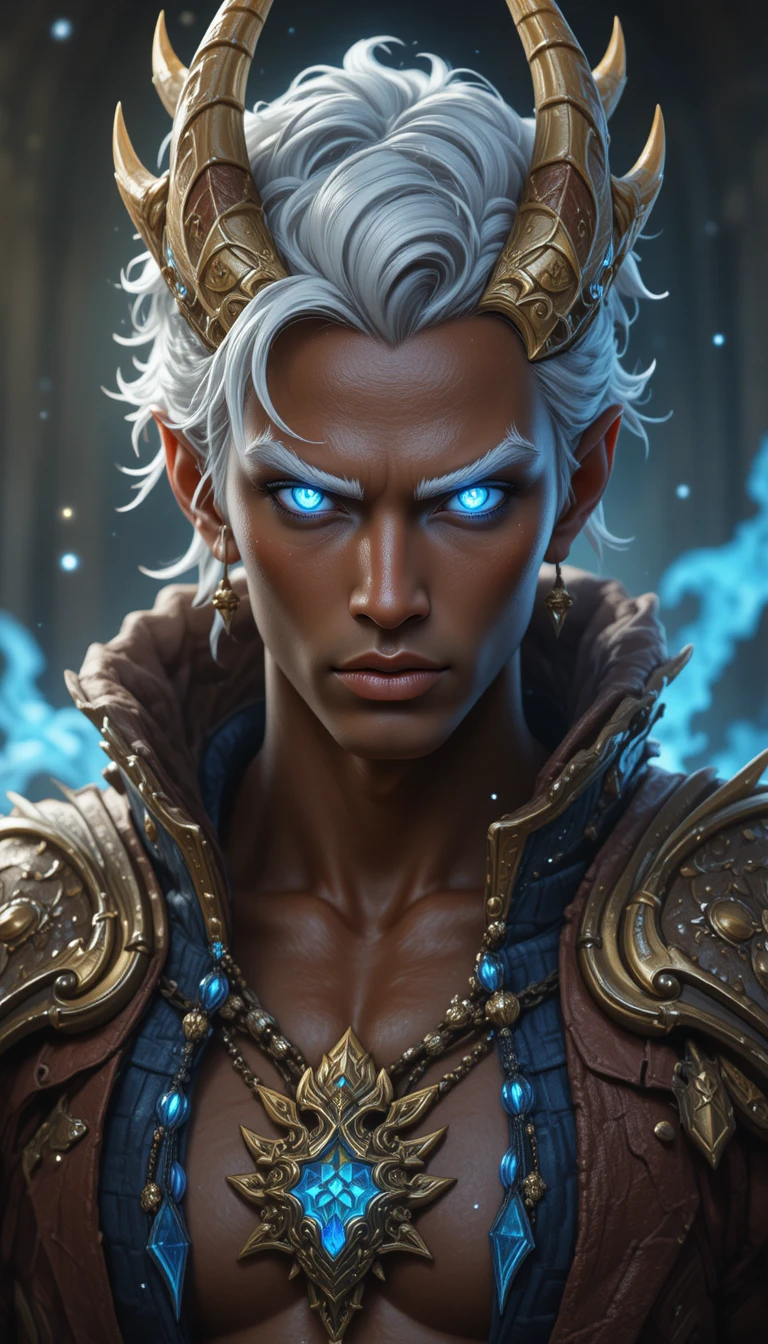 Brown skinned dragon man with glowing blue eyes and antler horns