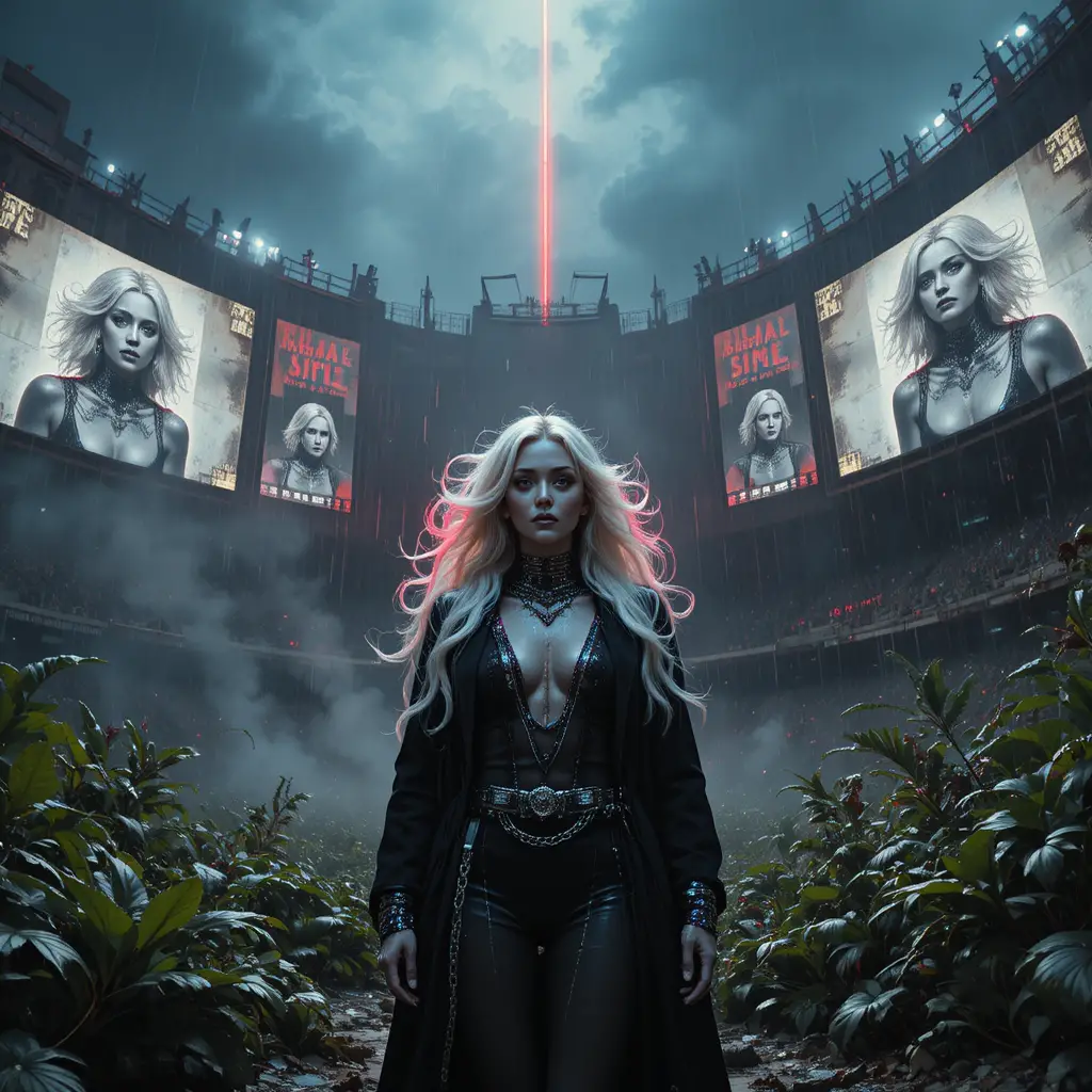 Frau im Scheinwerferlicht in einem ruinösen Cyberpunk-Fußballstadion