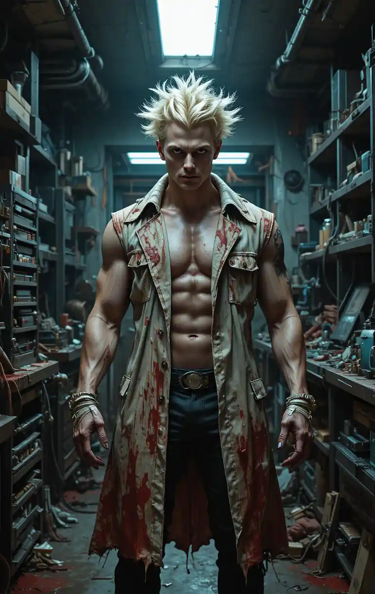 Bloodstained mad scientist in a grimy futuristic laboratory