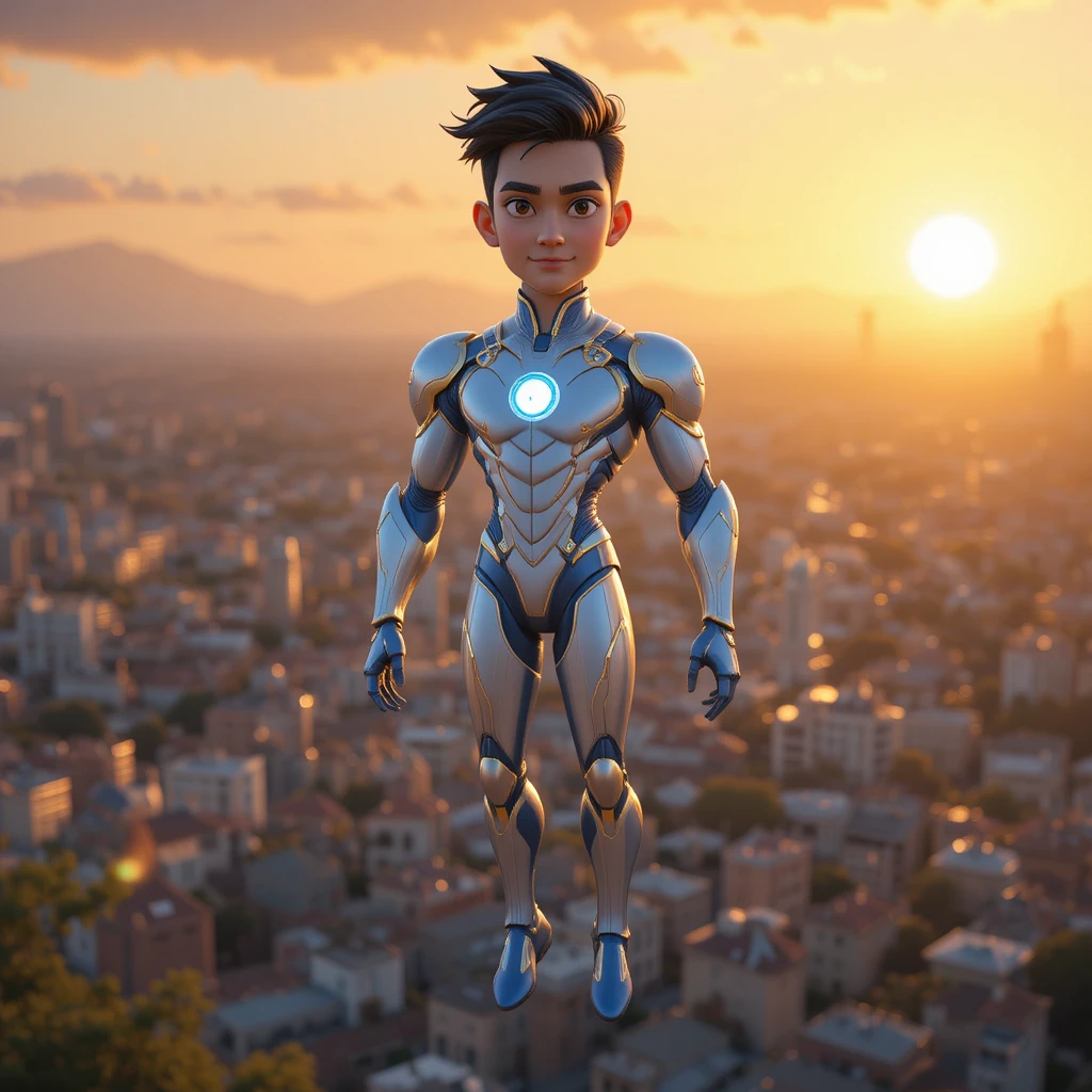 Relaxed superhero floating above city at golden sunset