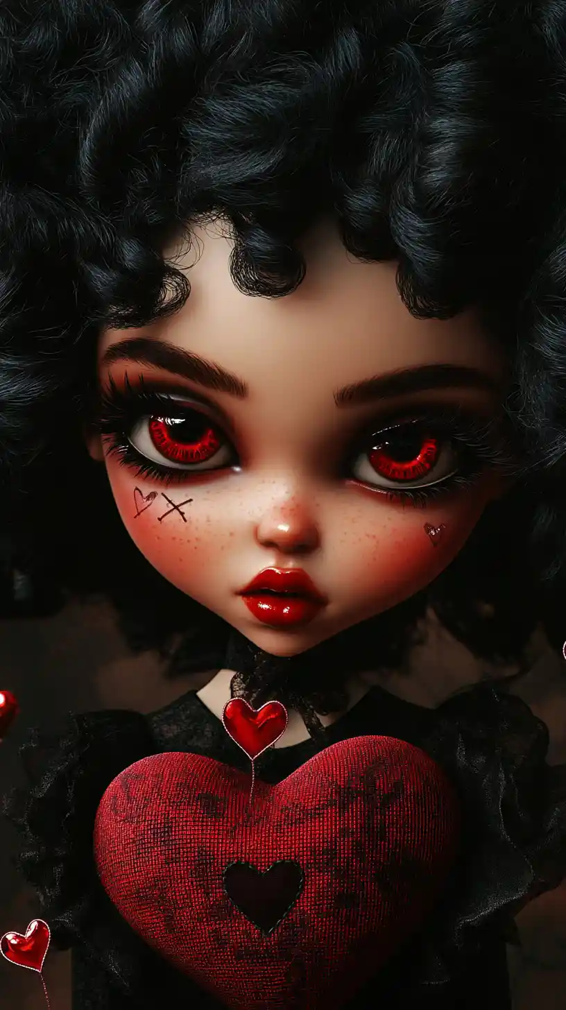 Gothic doll like girl with red eyes and plush heart