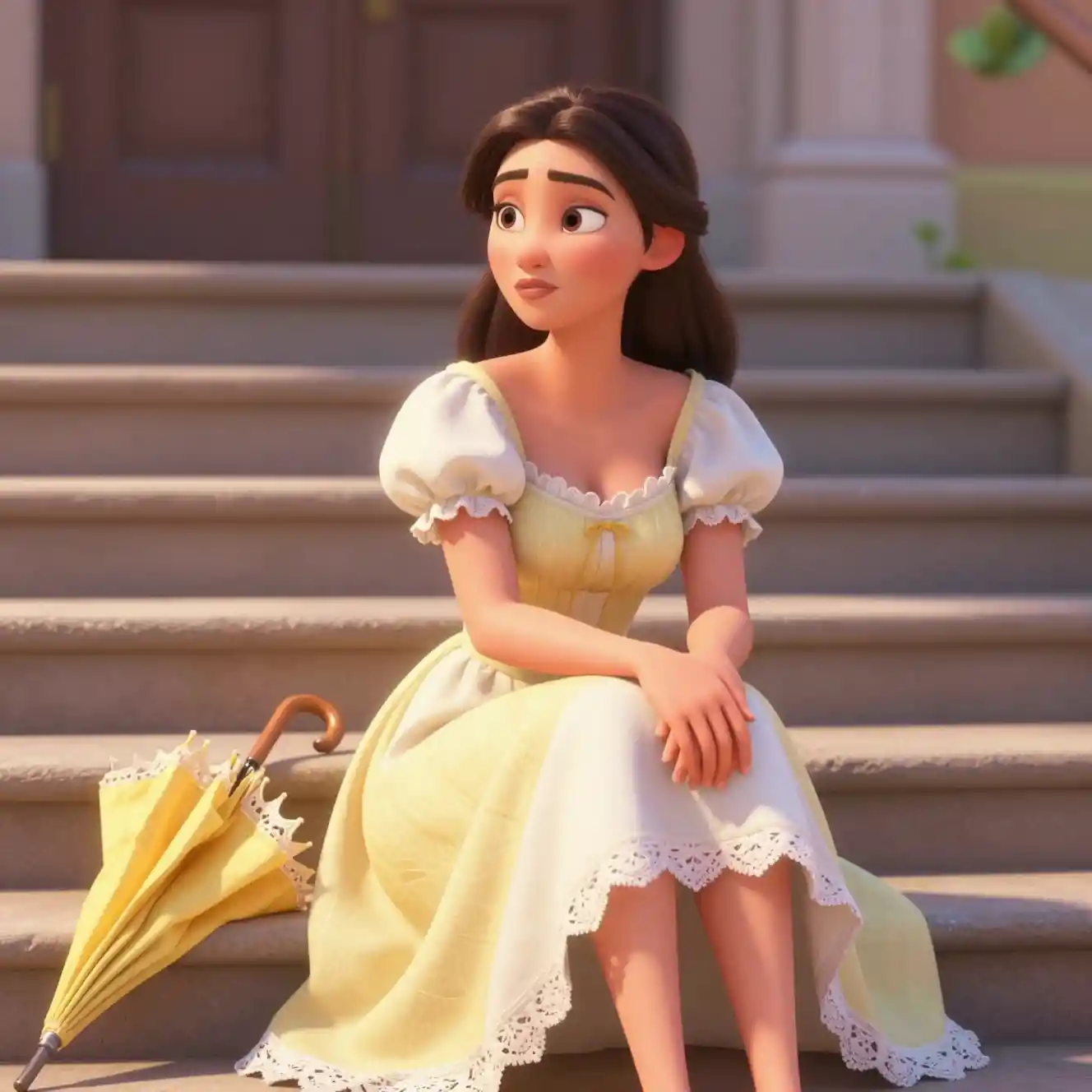 Young woman in yellow sundress sitting on outdoor steps