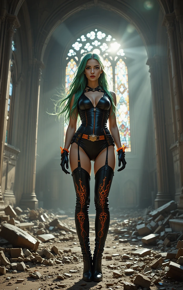 Green haired warrior woman in ruins of a shattered cathedral