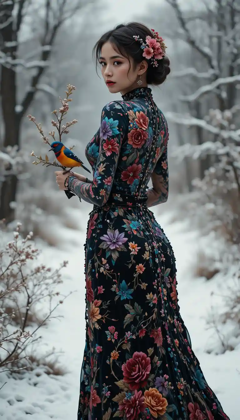 Cinematic portrait of a woman in an open back dress