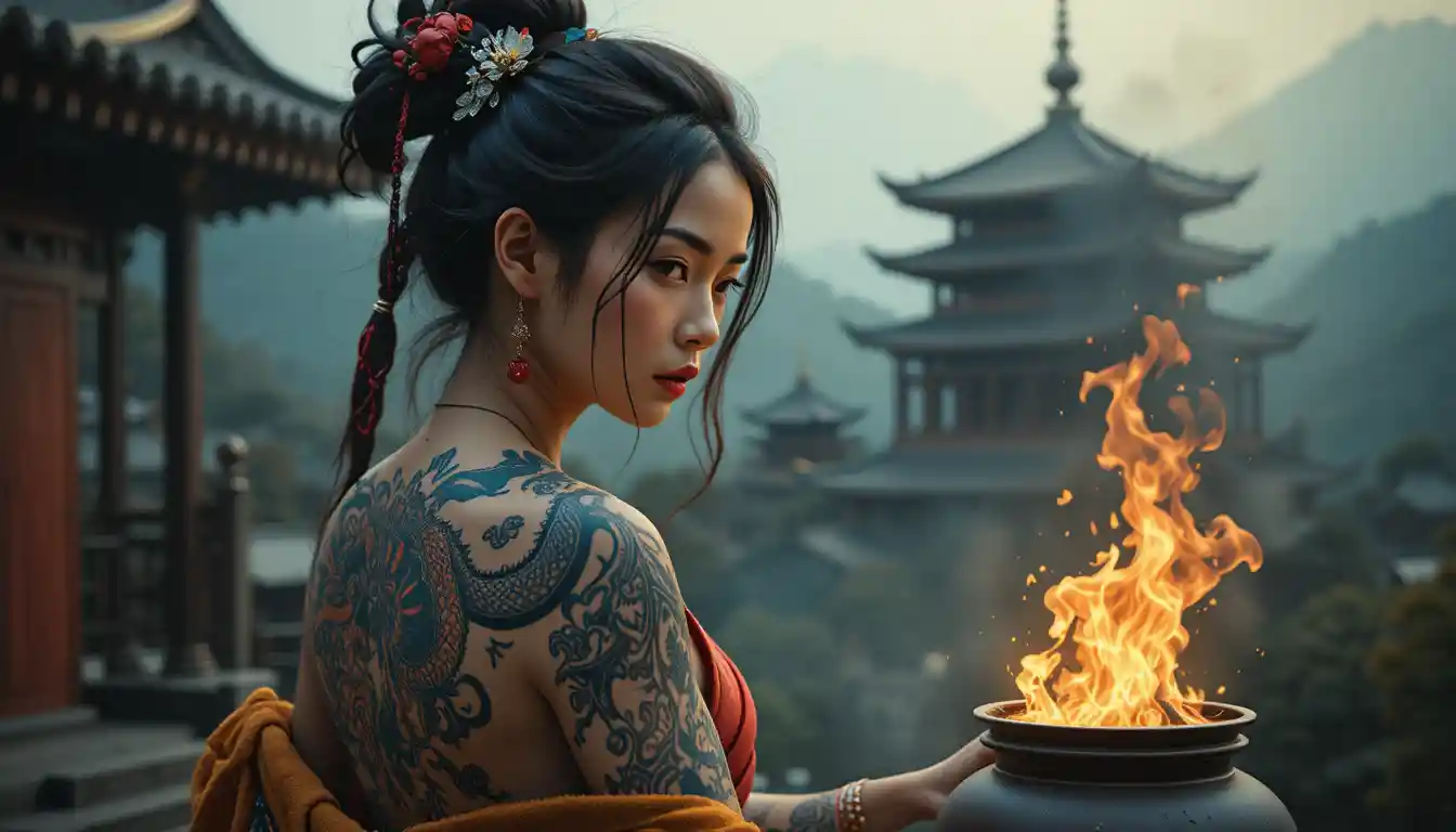 Japanese woman bound to a post with a flaming dragon