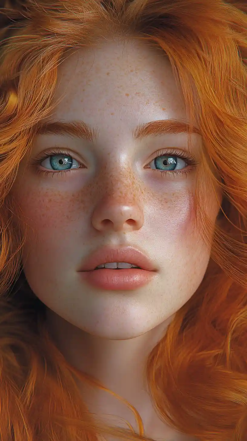 Freckled red haired girl gazing upward in soft light