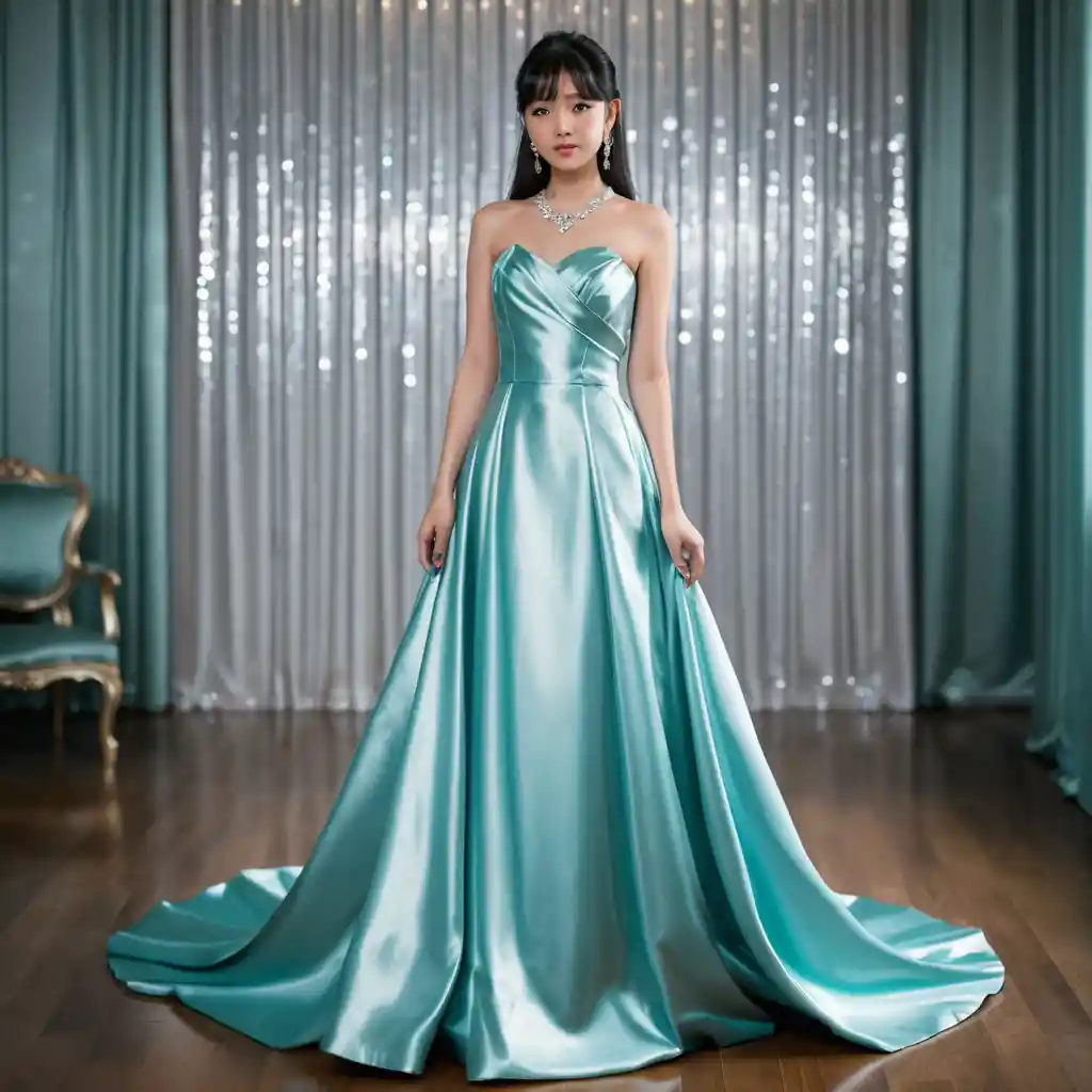 Elegant girl in glossy tosca satin strapless evening gown