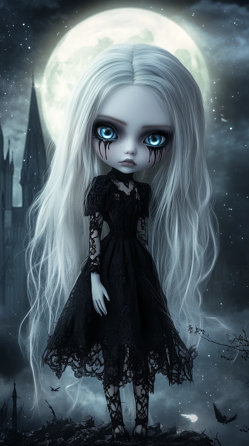 Pale gothic doll like girl under glowing full moon